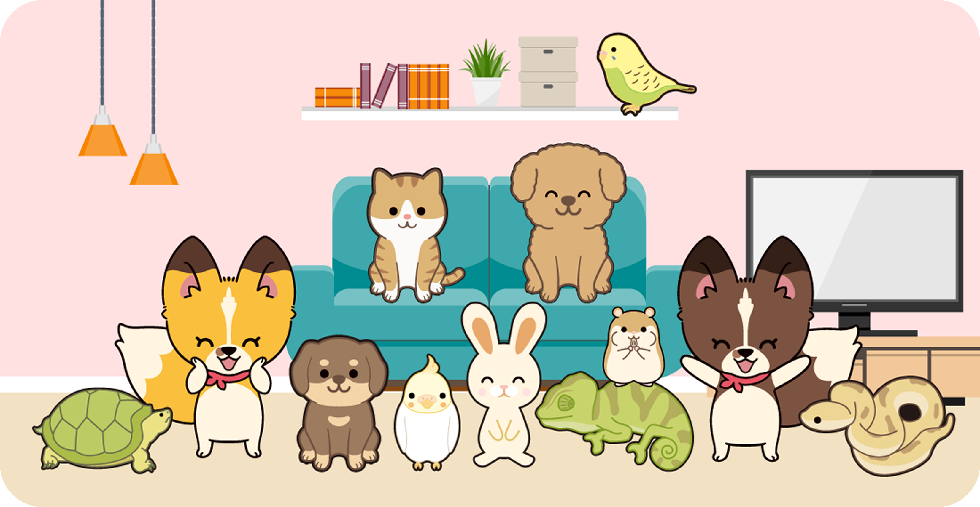 ペットたちがくつろぐリビングのイラスト